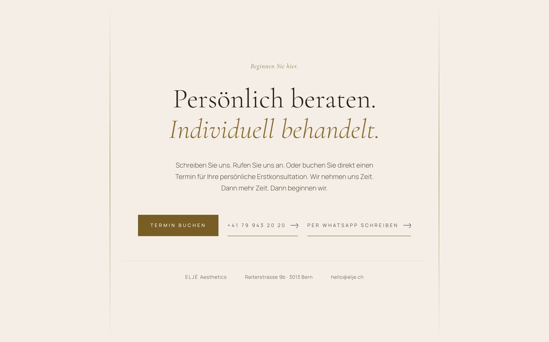 ELJÉ Aesthetics – die Kontaktsektion der Startseite